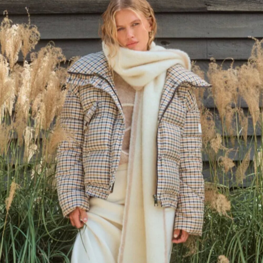 OOF camel and brown plaid parka